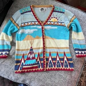 Vintage Unique‎ Button STORYBOOK KNITS SKY SUNRISE TEEPEE BUTTON FRONT CARDIGAN